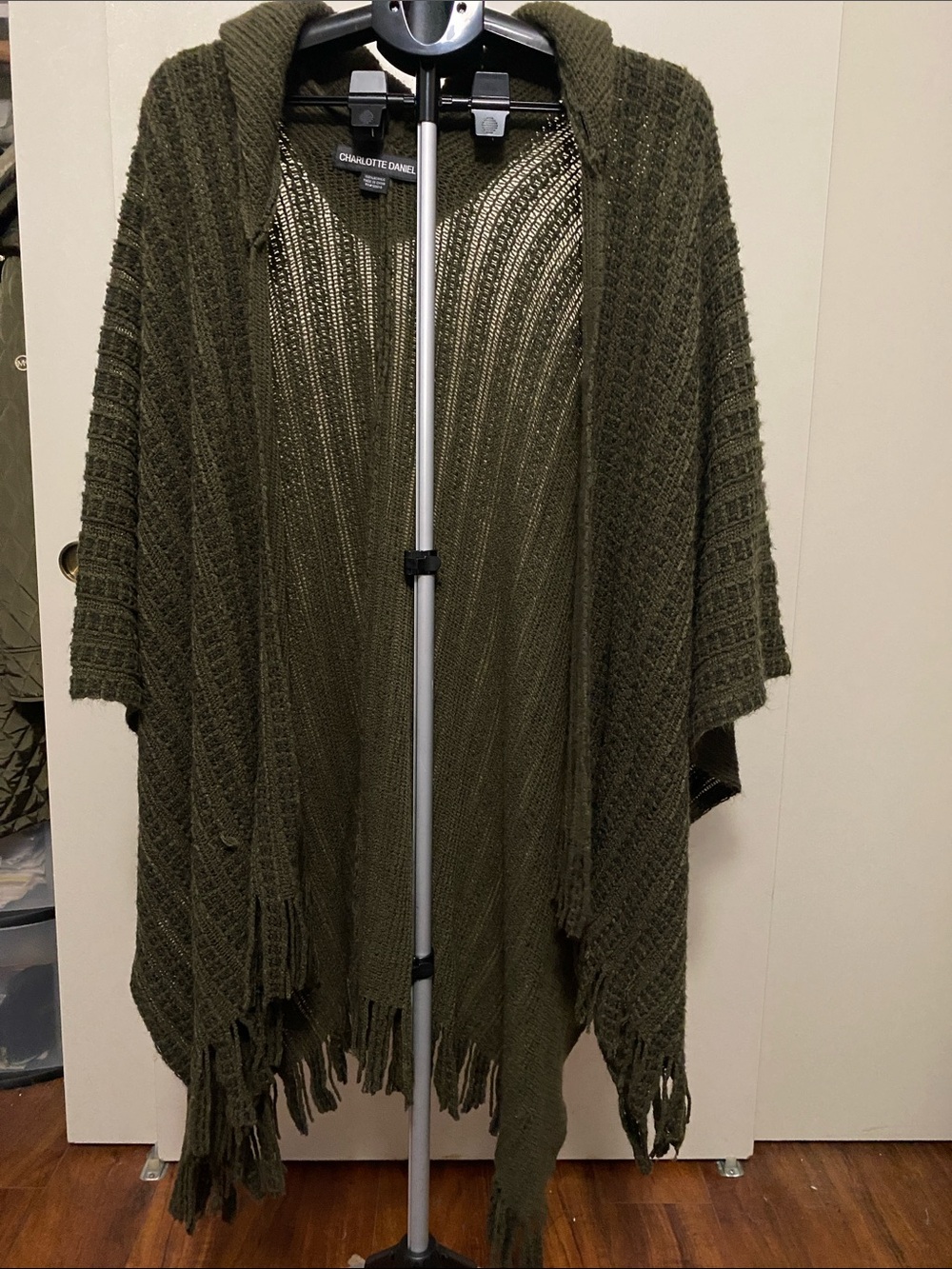 Charlotte Daniel Olive Knit Fringe Hooded Poncho